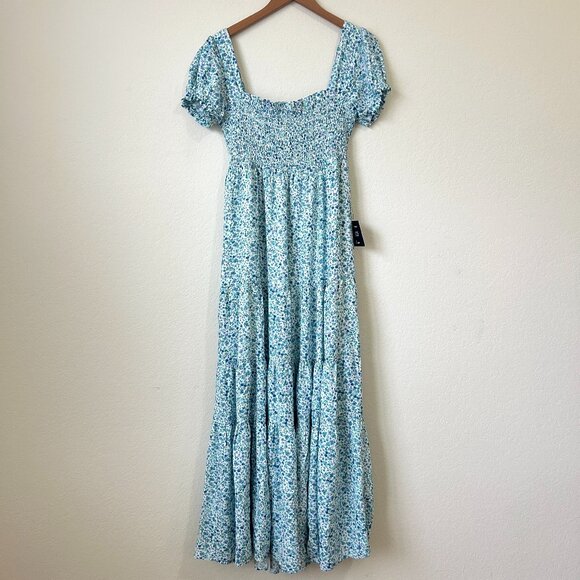 New Lulus Dress Womens Medium Blue Ready to Bloom Floral Smocked Tiered Maxi M - Picture 2 of 9